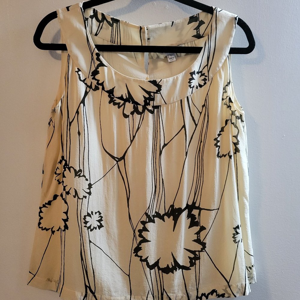 St John Sleeveless Top Tank Cream Black Floral Silk Sz L Large